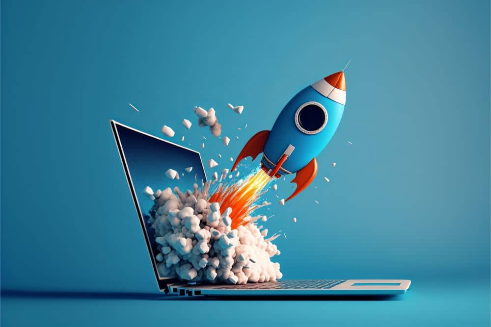 SEO rocket flying out of computer screen