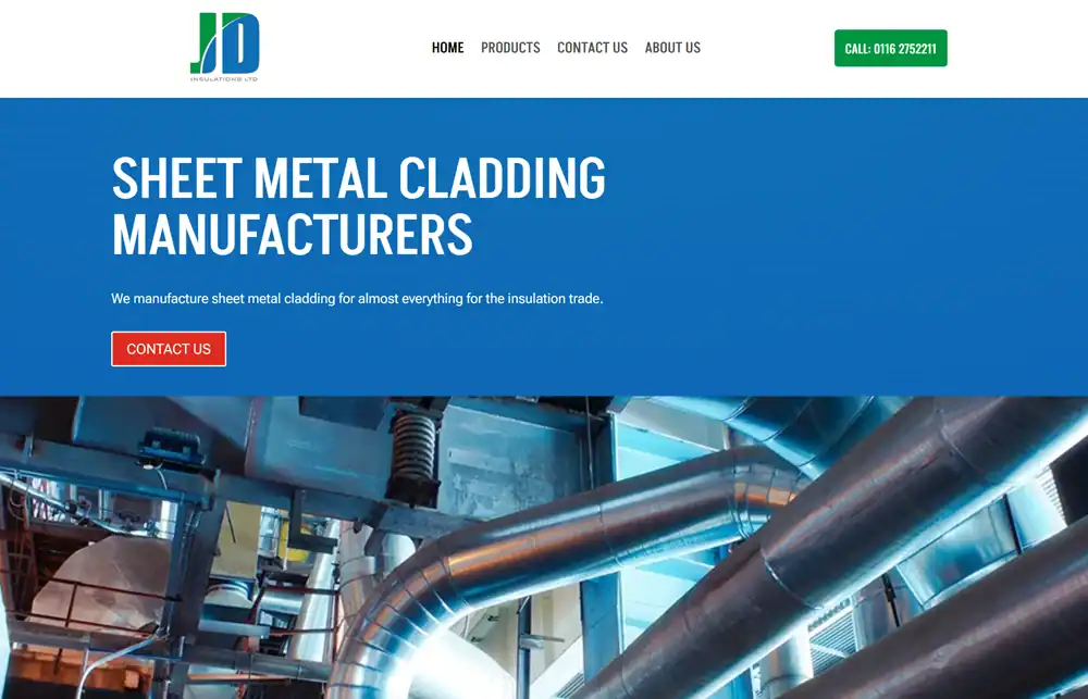 JD Insulations Sheet metal cladding manufacturer banner with contact info.